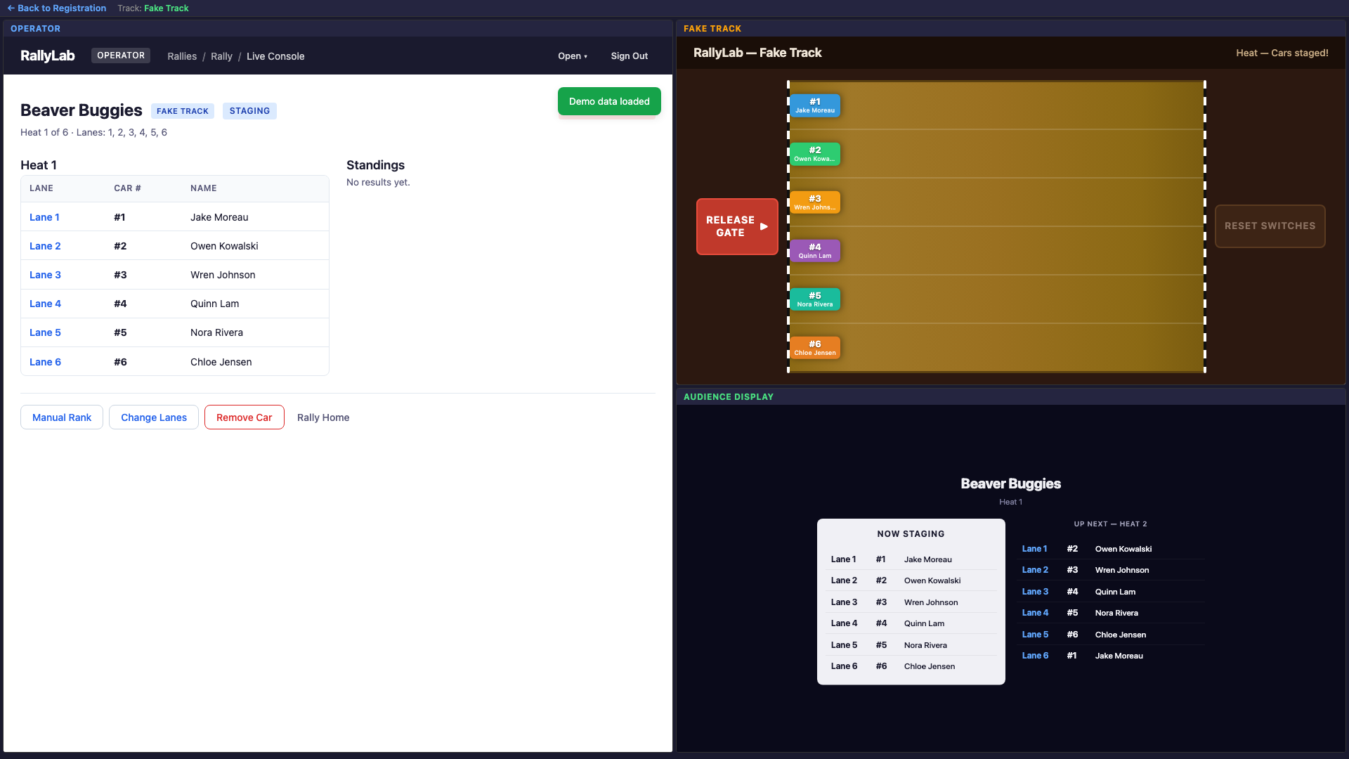 Debug view showing operator, fake track, and audience panels side by side during staging